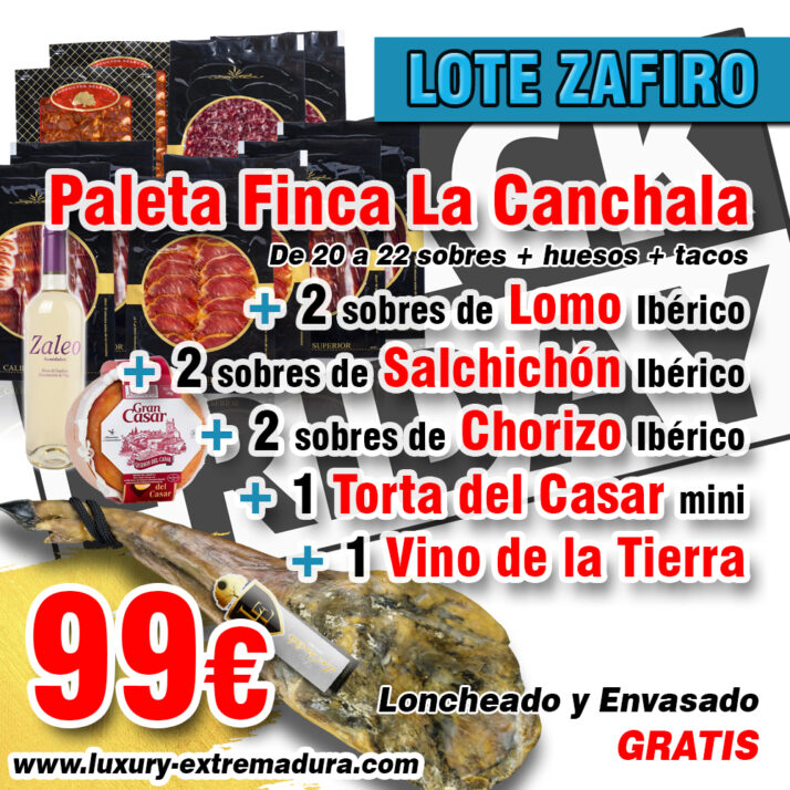 Lote Promoción Zafiro: Paleta + Lomo + Chorizo + Salchichón + Torta + Vino