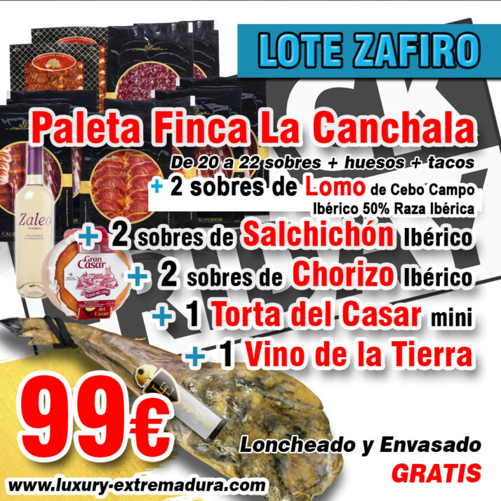 Lote Promoción Zafiro: Paleta + Lomo + Chorizo + Salchichón + Torta + Vino