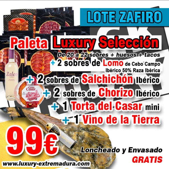 Lote Promoción Zafiro: Paleta + Lomo + Chorizo + Salchichón + Torta + Vino